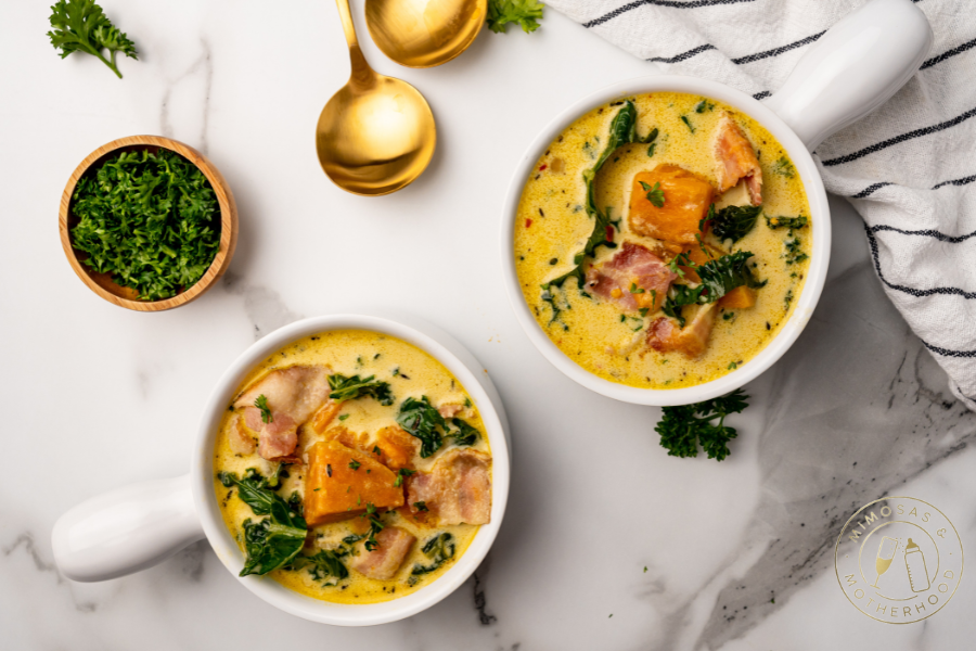 bowl of sweet potato, bacon and kale soup