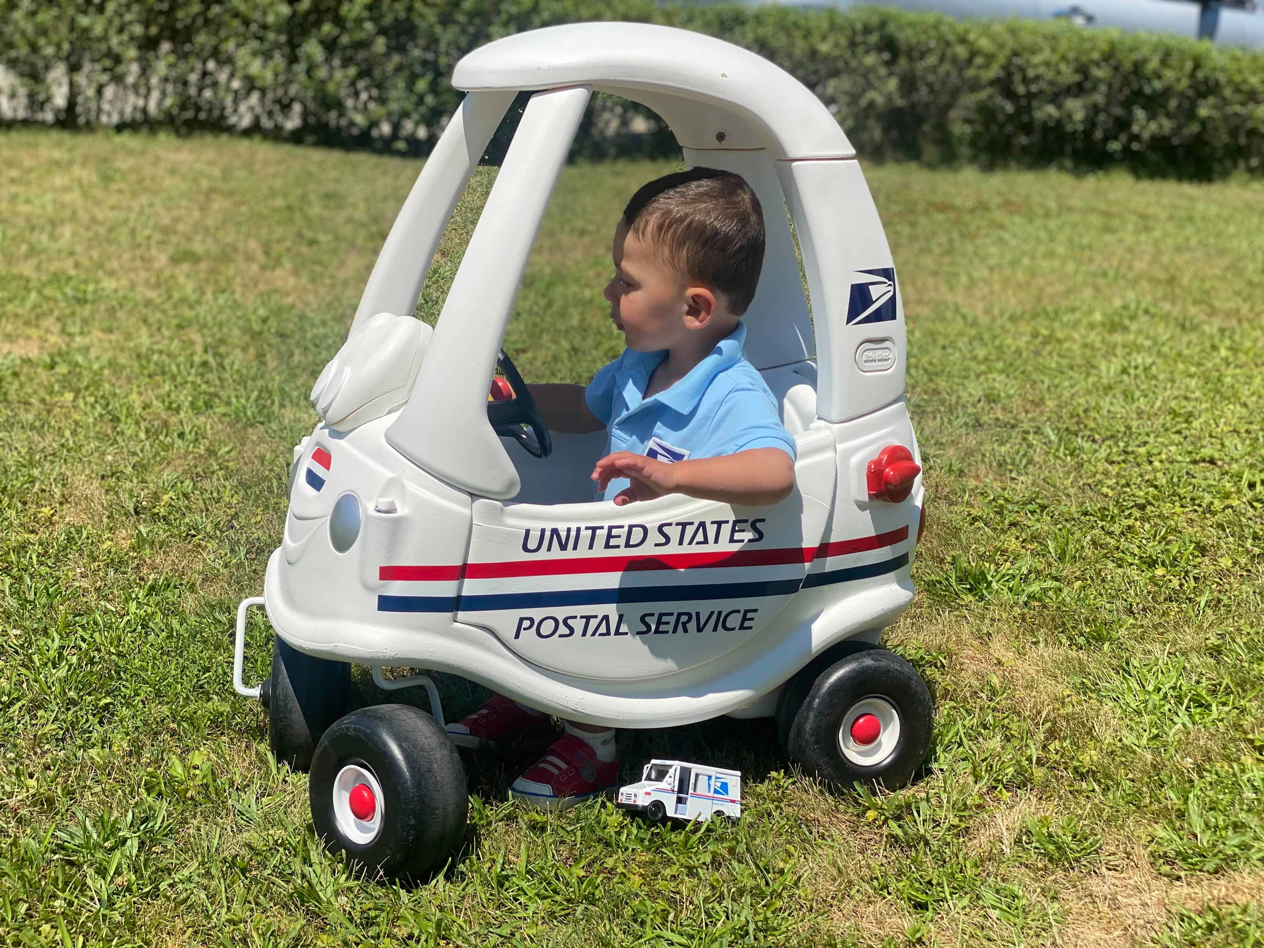 Little Boy in Cozy Coupe USPS Mail Truck Makeover