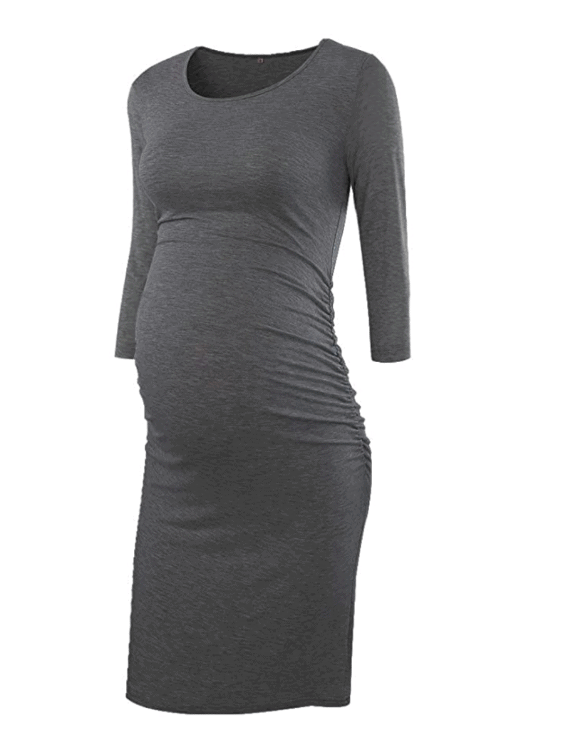 long sleeve gray ruched maternity dress