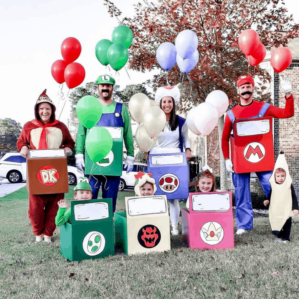 family dressed as characters from mariokart