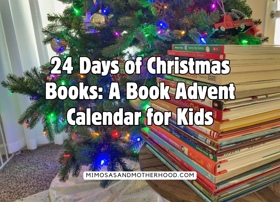image shows a stack of Christmas books in front of a Christmas tree with blog post title