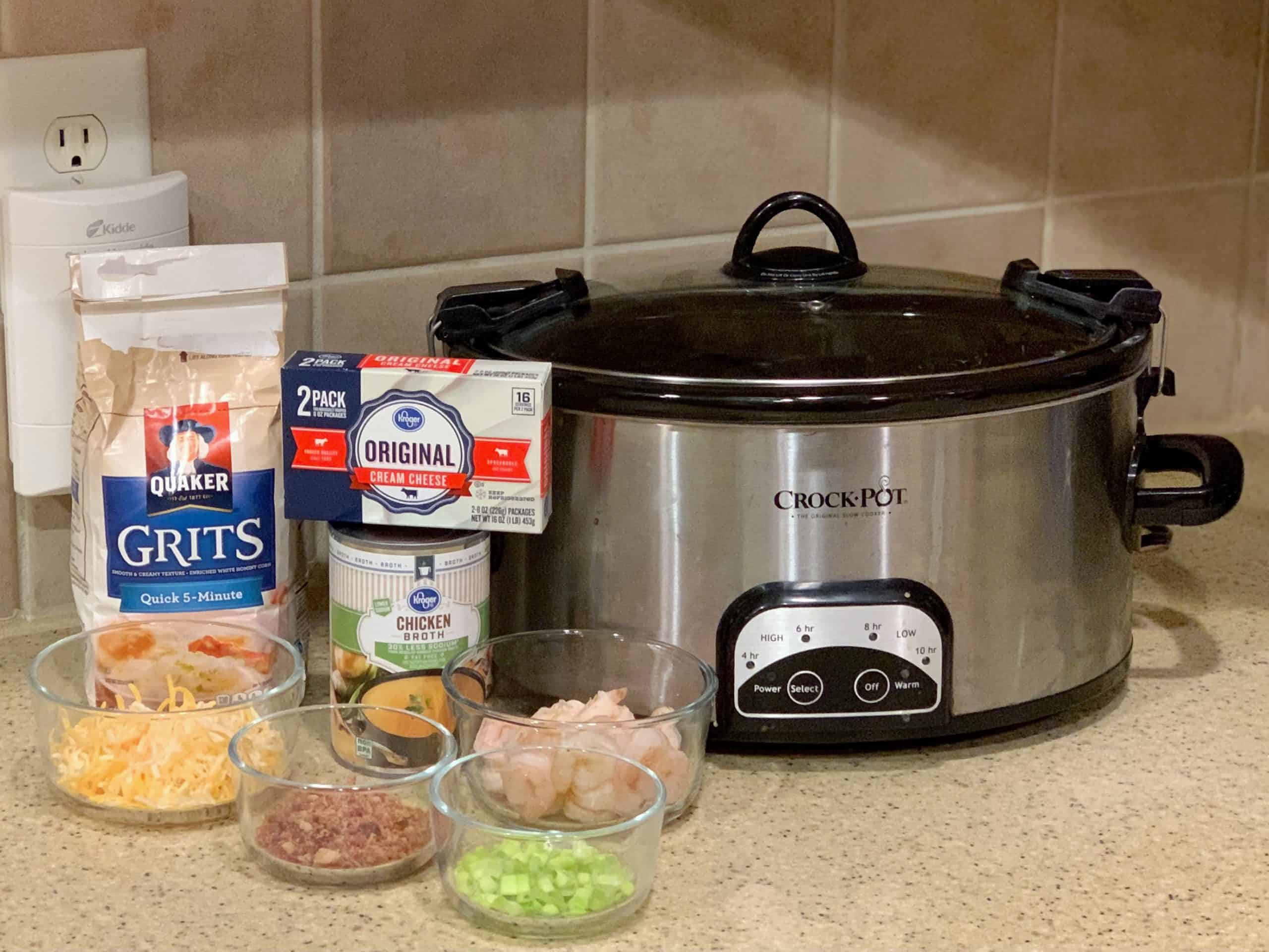 shows a crockpot with the ingredients needed for this recipe