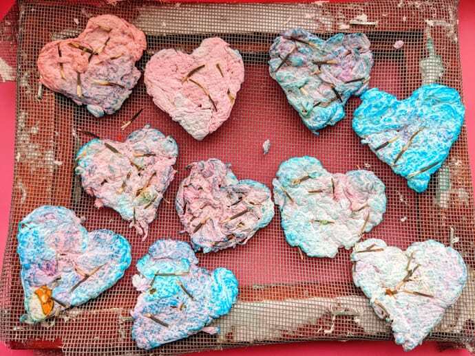 image shows hearts made out of recycled paper