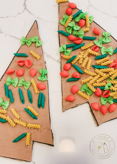 image shows completed cardboard pasta christmas trees