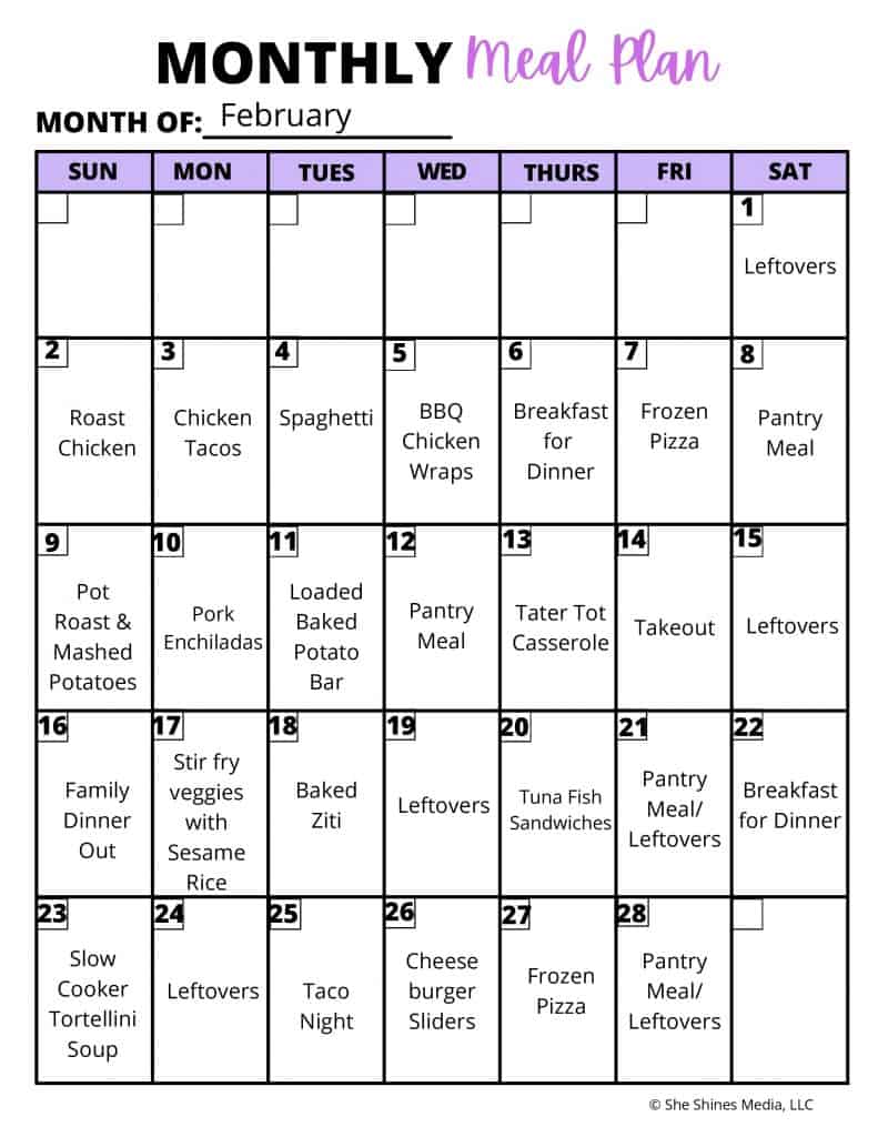 image shows a sample monthly meal plan for a family on a budget