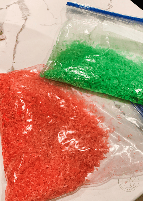 image shows bags filled with colored rice