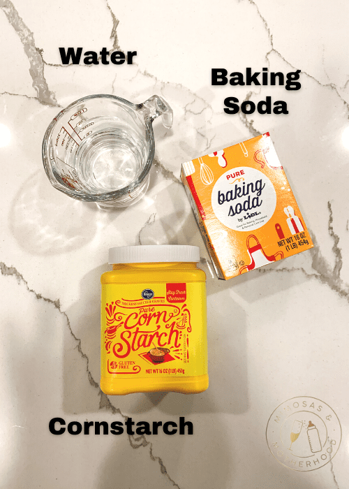 image shows the ingredients needed to make air dry clay: water, baking soda and cornstarch