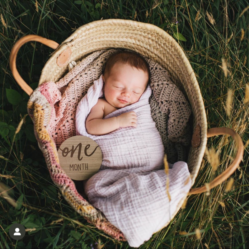 baby with wooden month disc