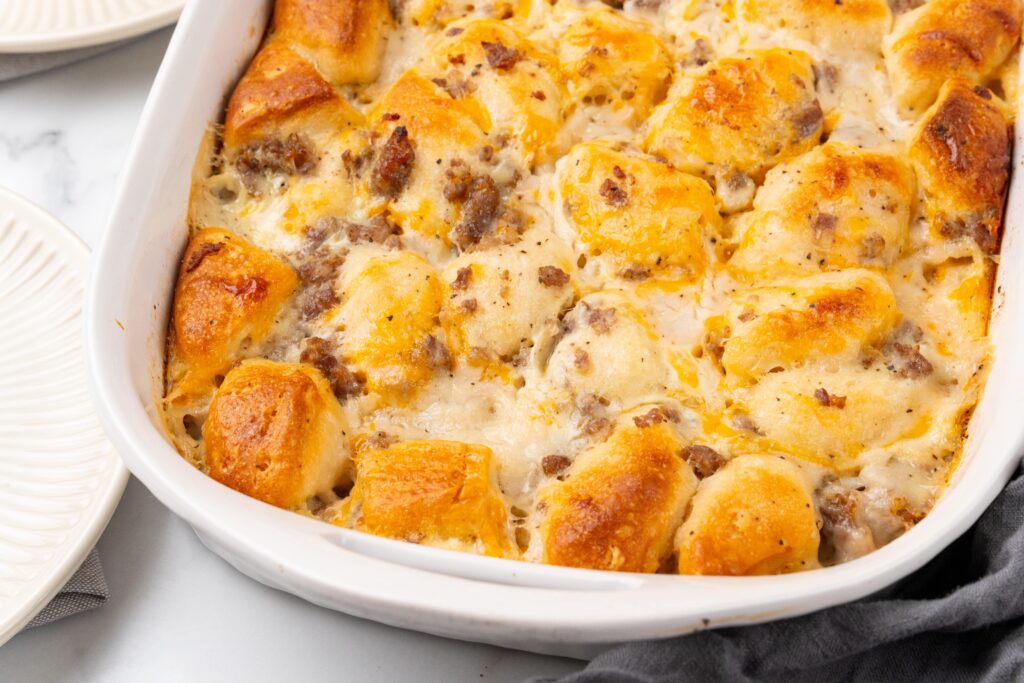 casserole dish with biscuits and gravy casserole