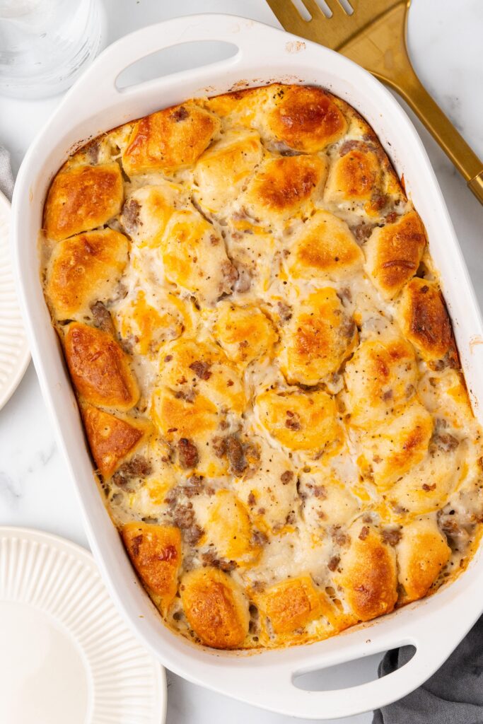 casserole dish with cooked biscuits and gravy casserole