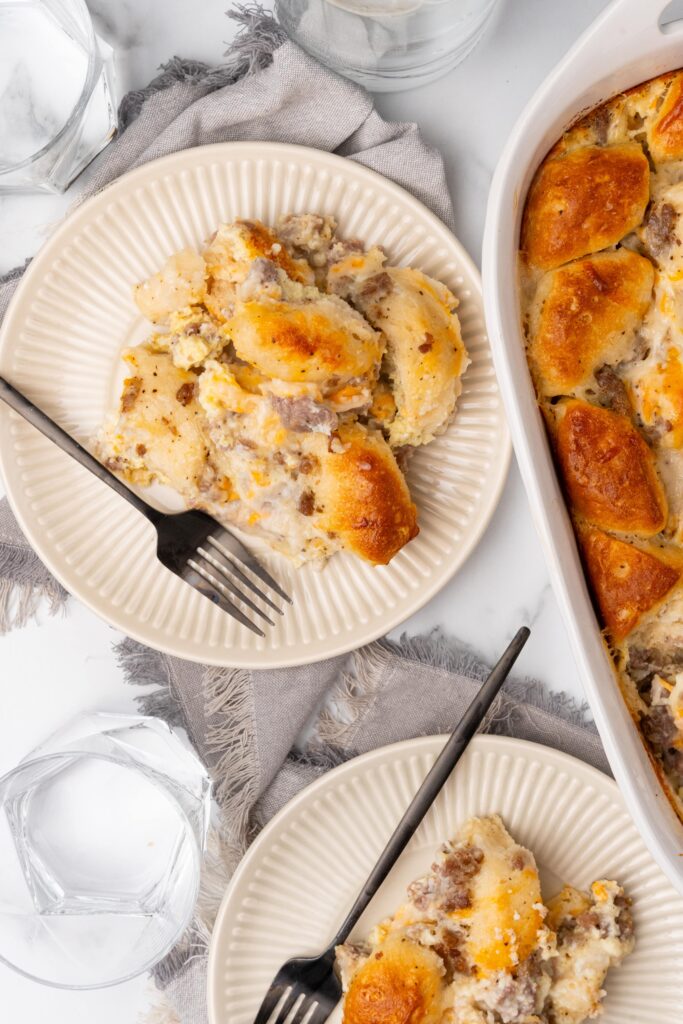 plates with biscuits and gravy casserole