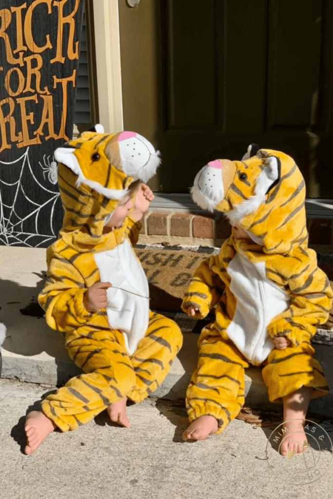 image shows two children dressed as baby tigers