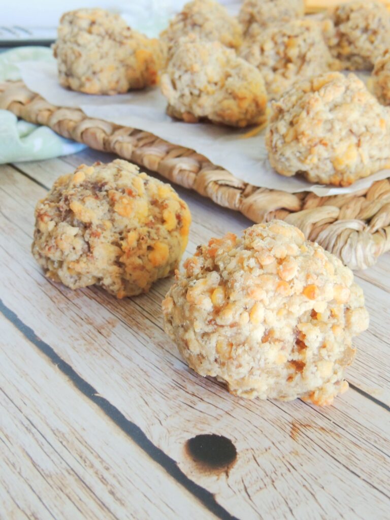 image shows cooked bisquick sausage balls