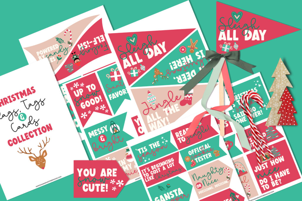 image shows the printable Christmas flags and Christmas gift tags