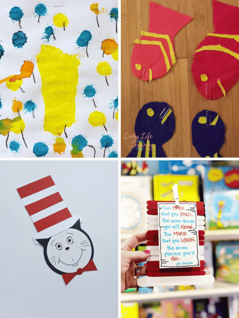 image shows 4 different dr seuss day crafts