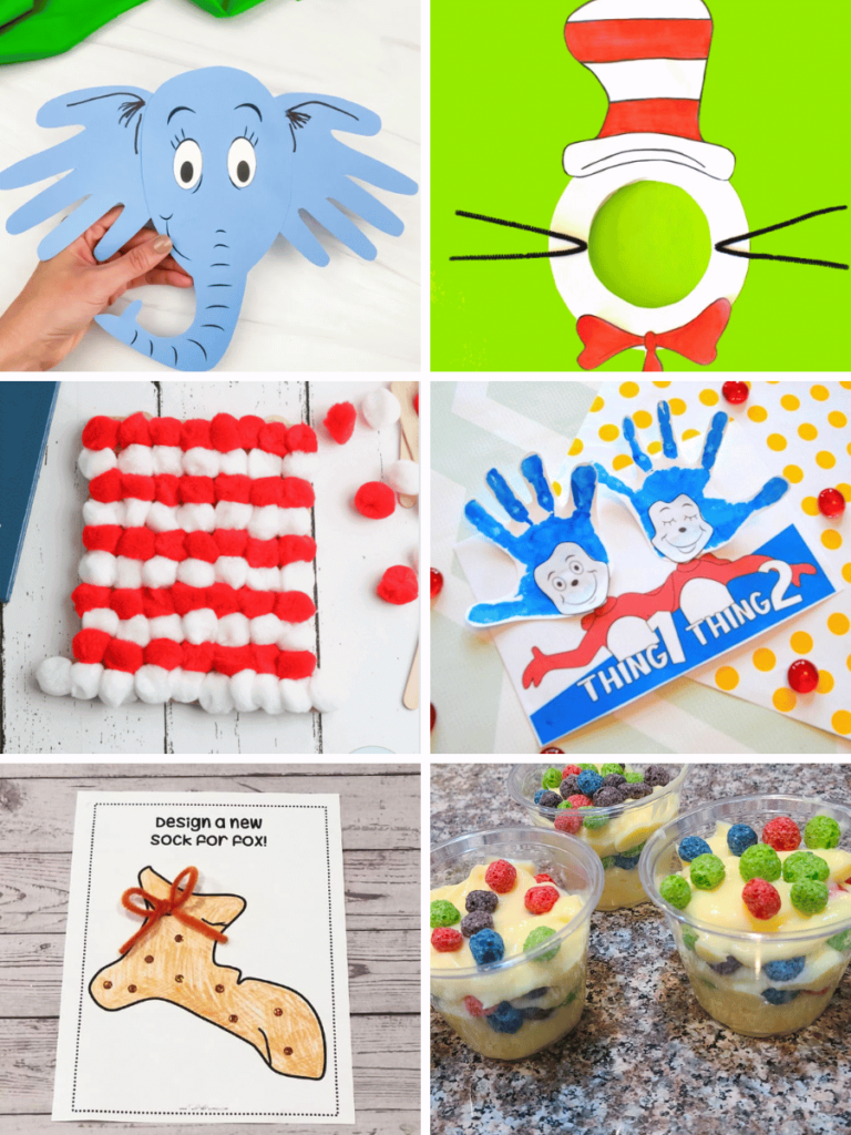 image shows 6 different dr seuss crafts for toddlers and preschoolers