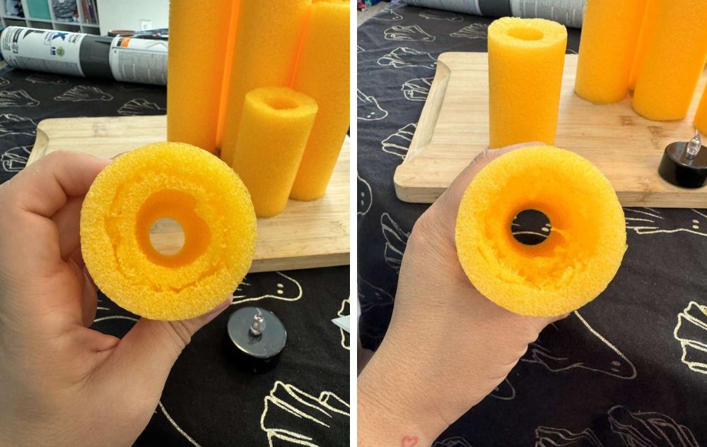 image shows the pool noodle hole after being widened