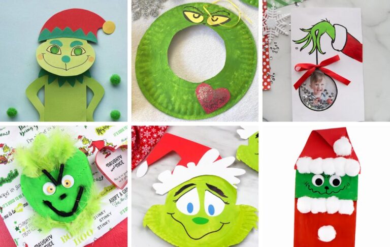 image shows multiple grinch crafts for kids