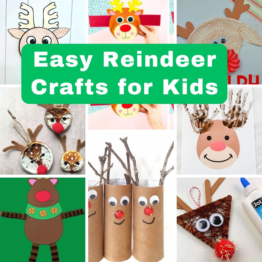 image shows multiple easy reindeer crafts for kids
