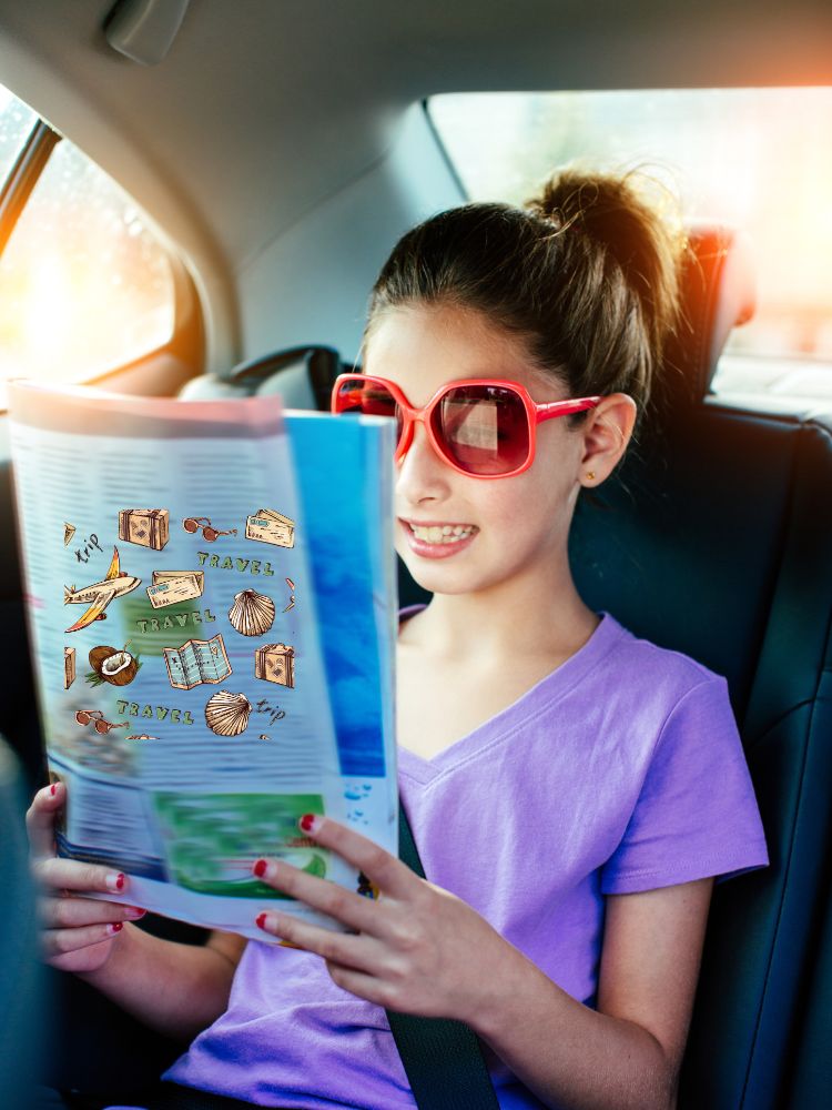 image shows a girl reading a magazine while traveling