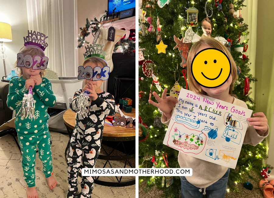child holding new years resolution and noise makers