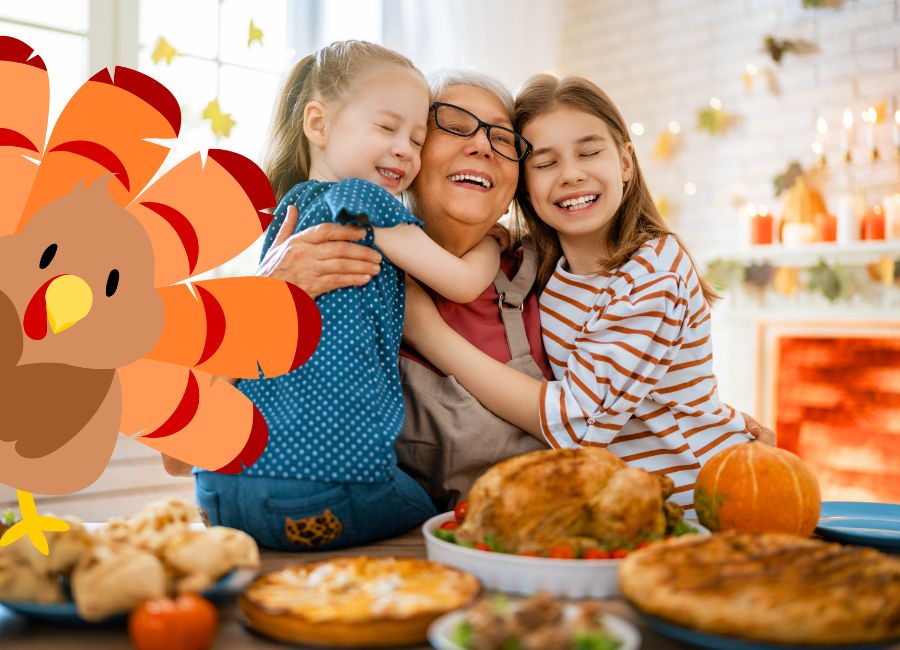 grandmother hugging grandchildren during Thanksgiving