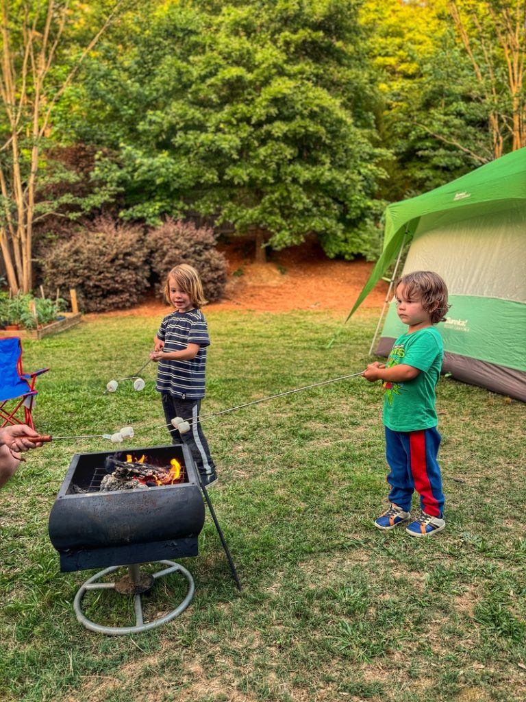kids roasting marshmallows backyard camping
