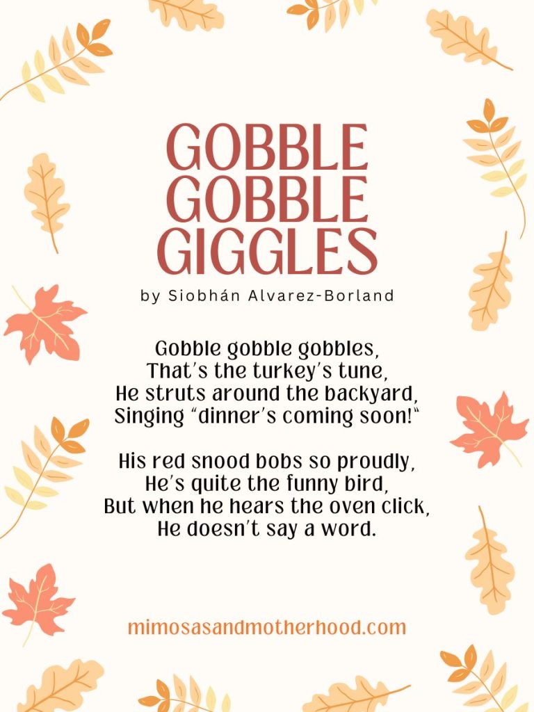 Illustrated Thanksgiving poem for kids titled Gobble Gobble Giggles, featuring a funny turkey rhyme surrounded by colorful fall leaves.