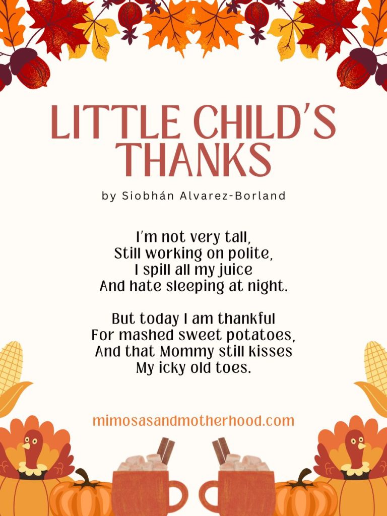 Little Child's Thanks, a sweet Thanksgiving gratitude poem for preschoolers, illustrated with cartoon turkeys, pumpkins, and autumn leaves.