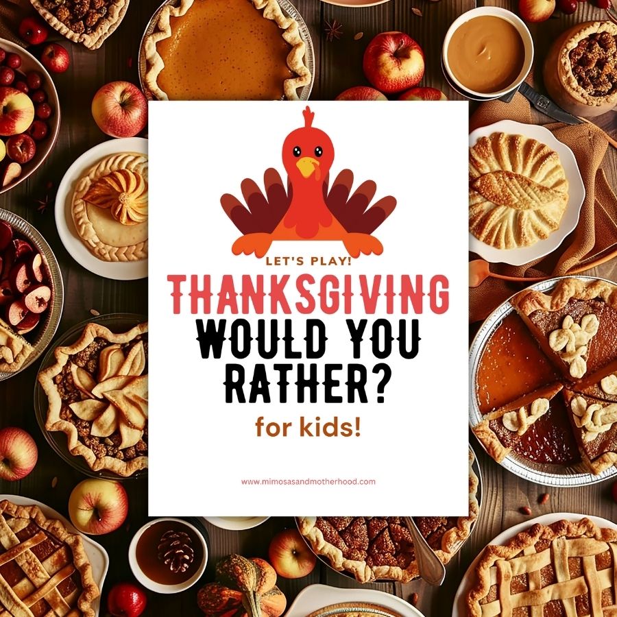 image shows thanksgiving food behind the cover of the thanksgiving would you rather questions for kids