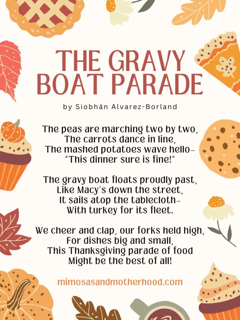 The Gravy Boat Parade, a rhyming Thanksgiving poem for kids about dancing vegetables and a parade of holiday food, with festive illustrations.