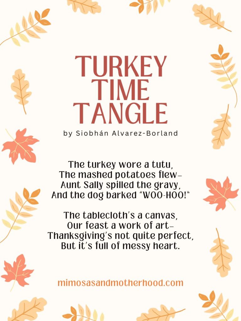 Turkey Time Tangle, a silly Thanksgiving poem for children about a messy family dinner, displayed with colorful fall leaf illustrations.