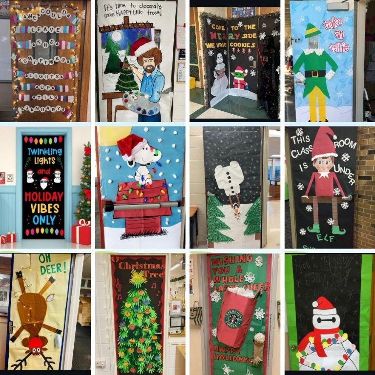 image shows 12 different ideas for decorating a classroom door for Christmas