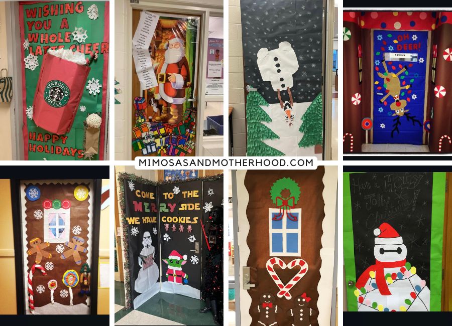image shows multiple ideas for Christmas classroom door decorating