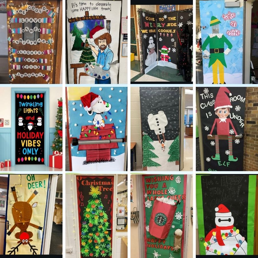 image shows 12 different ideas for decorating a classroom door for Christmas