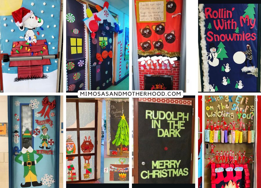 different classroom doors decorated for Christmas