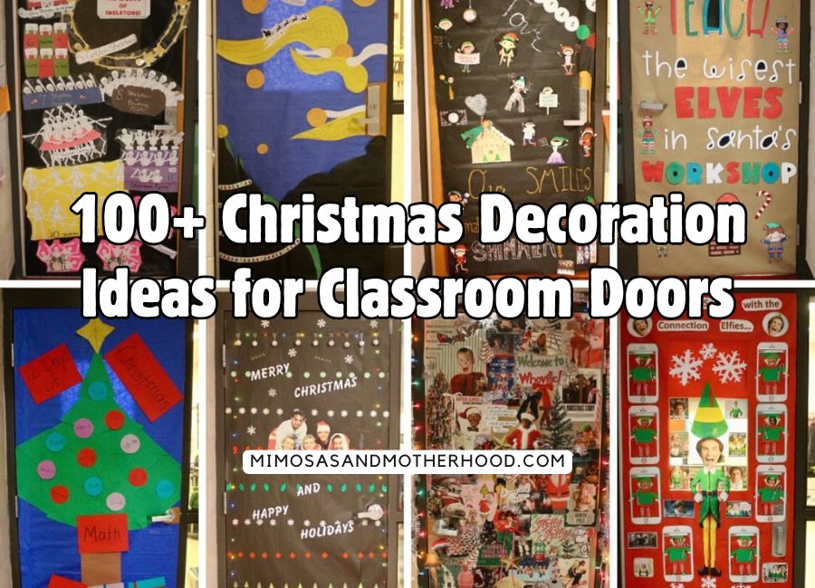 blog post title over a collection of Christmas classroom door designs