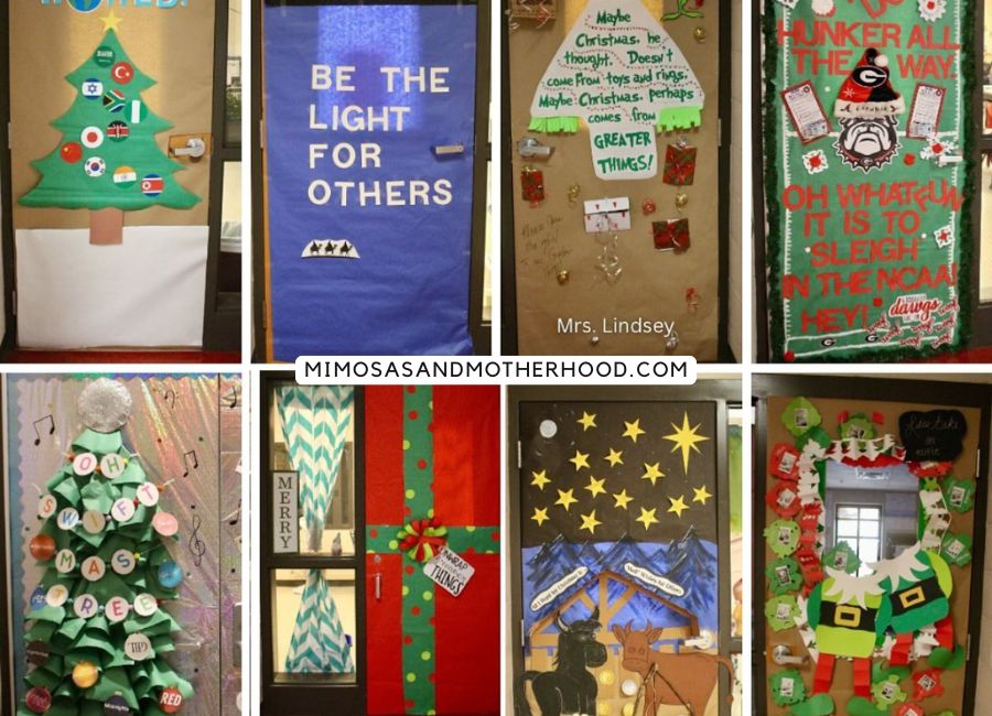 image shows 8 different classroom doors decorated for Christmas