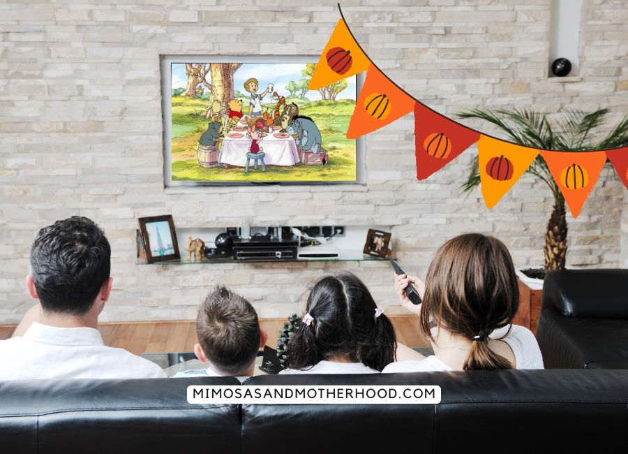 image shows a family watching a G-rated Thanksgiving movie 