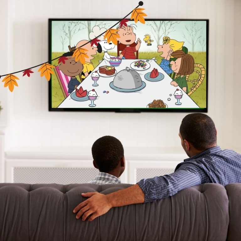 a kids Thanksgiving movie plays on a TV