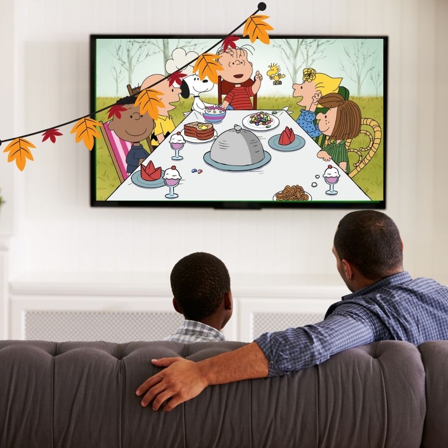a kids Thanksgiving movie plays on a TV