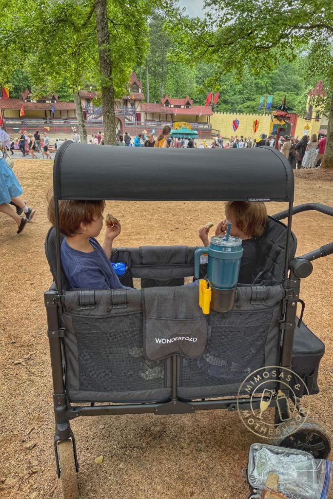 Image shows the Wonderfold wagon with kids at an outdoor festival