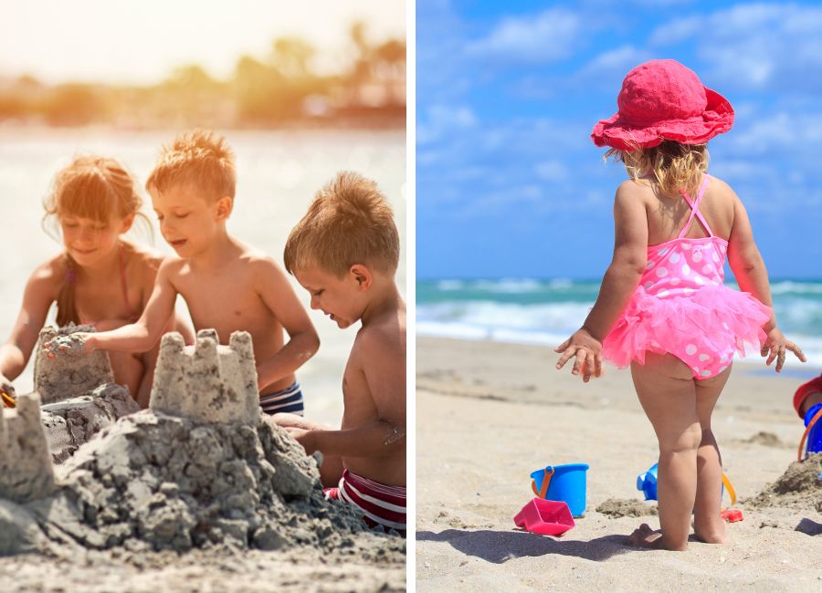 little kids playing on beach with sand