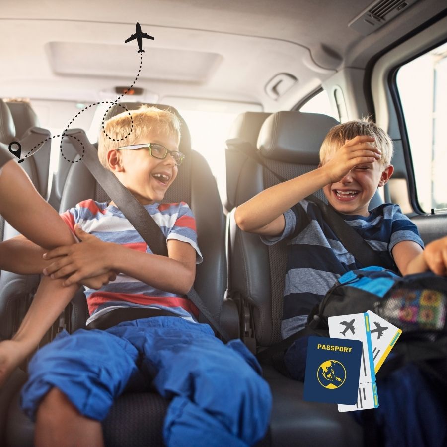 image shows kids in the car on a roadtrip