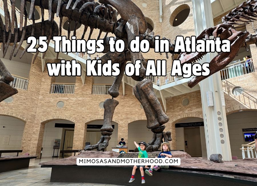25 fun things to do in atlanta blog post title over a photo of children in front of a dinosaur skeleton