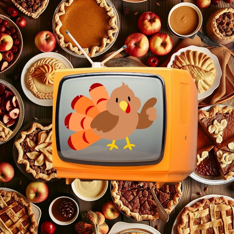 image shows a tv with a turkey over thanksgiving dinner