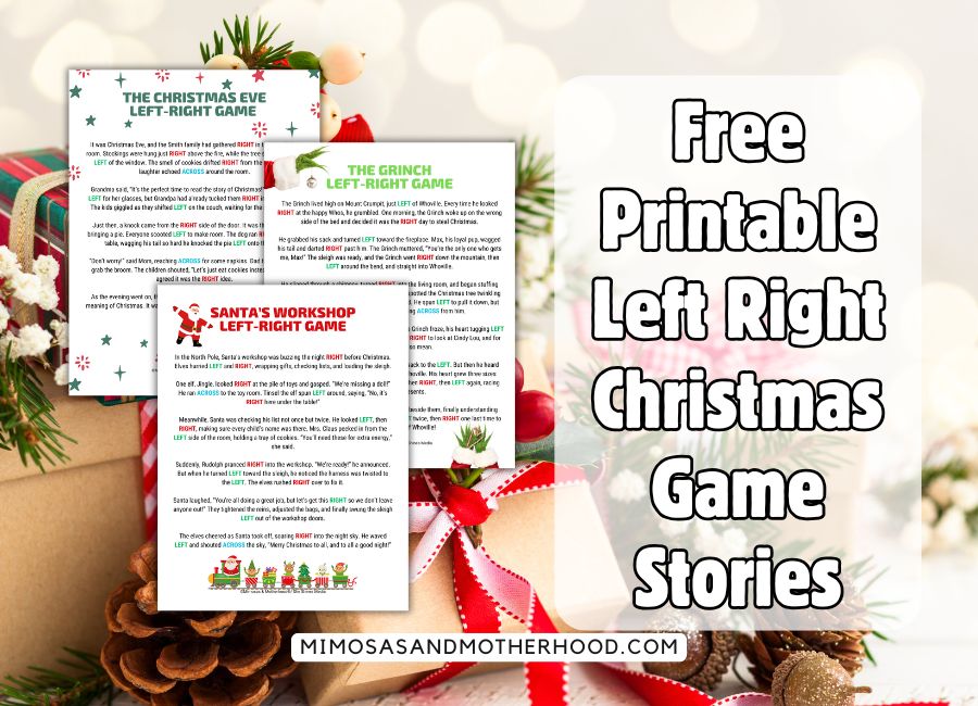image shows christmas gifts with printable right left stories and blog post title