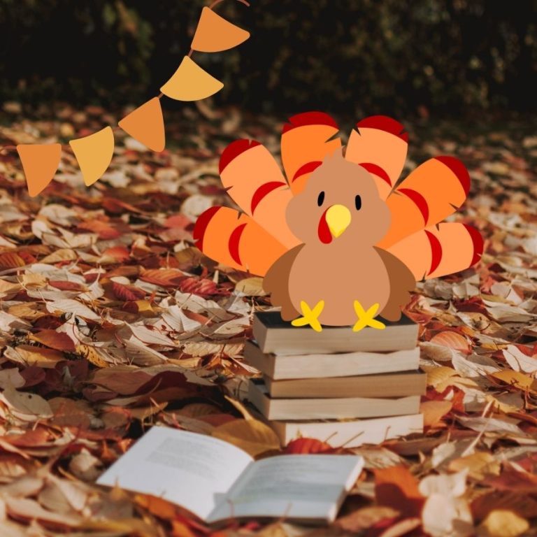 image shows a turkey sitting on a stack of books outside during autumn
