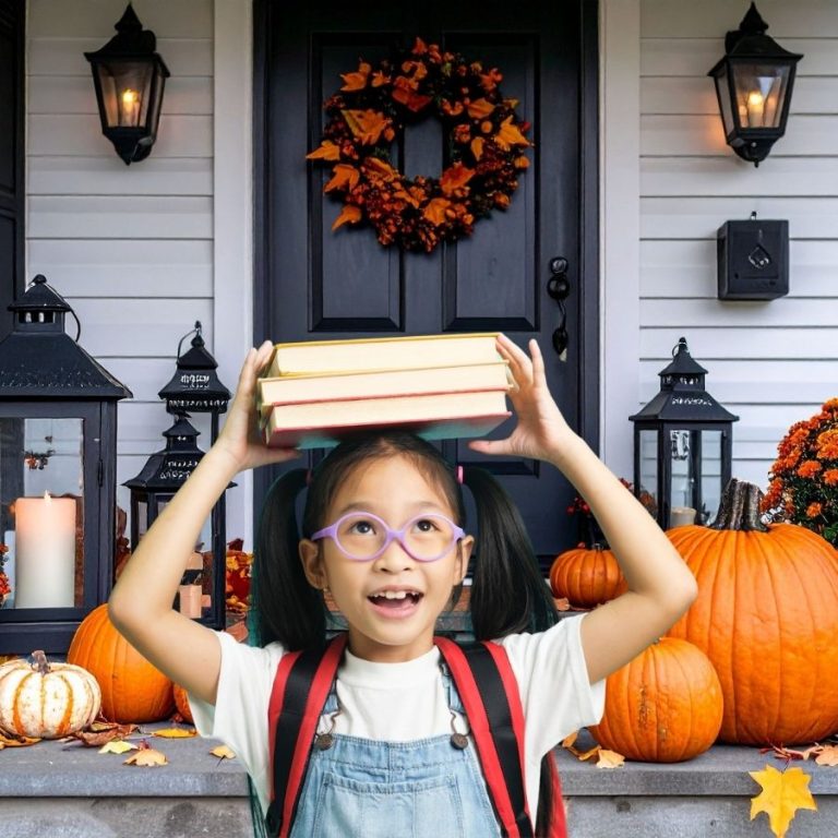 image shows a little girl holding a book stack on a halloween porch
