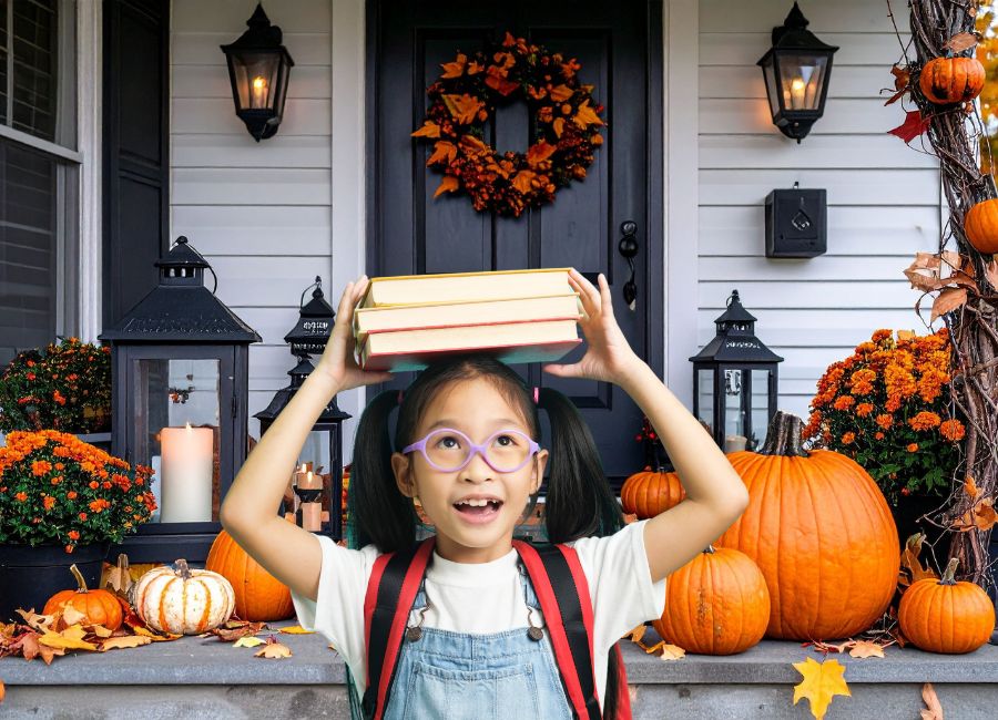 image shows a little girl holding a stack of books on a halloween porch